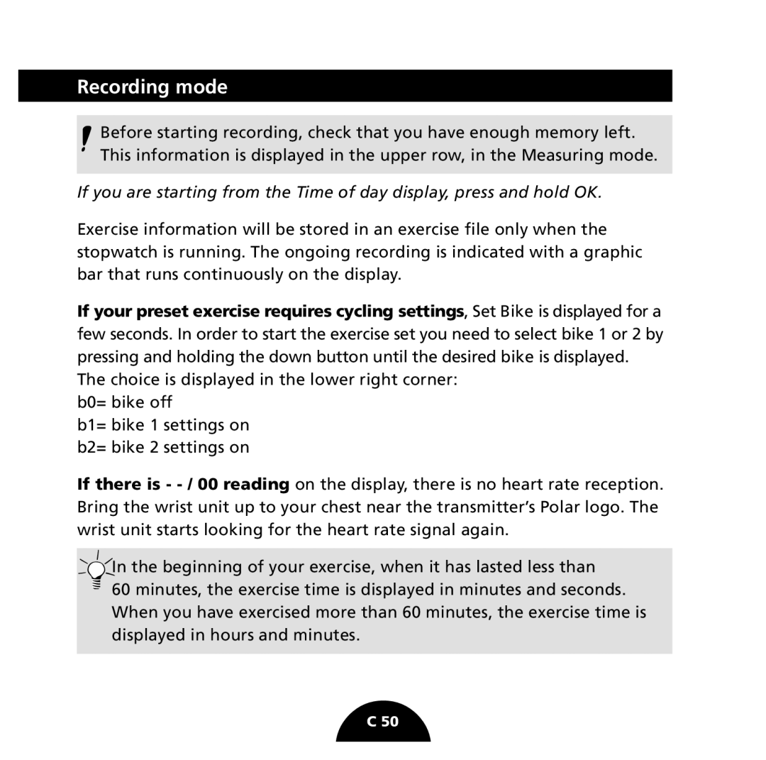 Polar S725 user manual Recording mode 