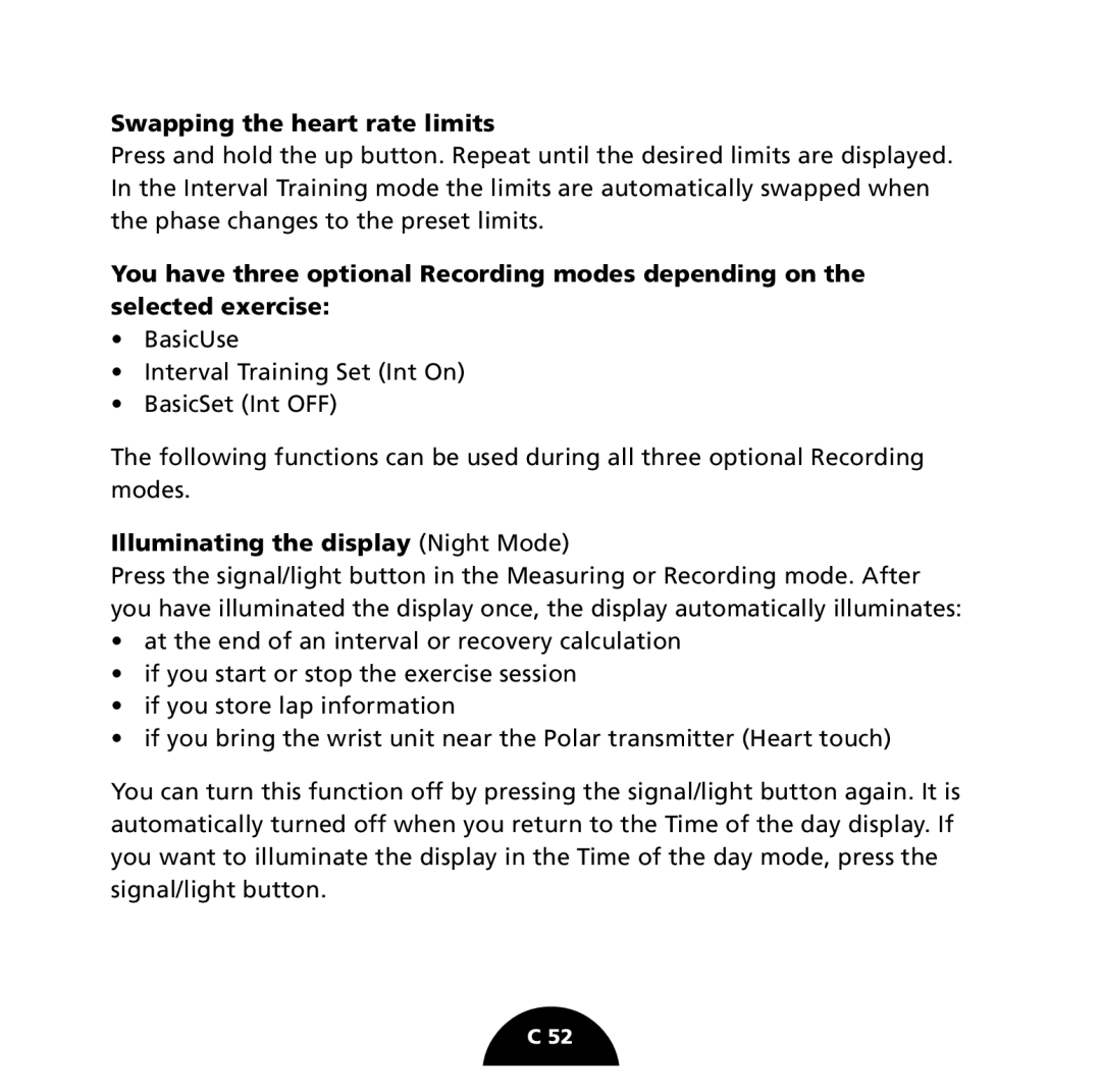 Polar S725 user manual Swapping the heart rate limits, Illuminating the display Night Mode 