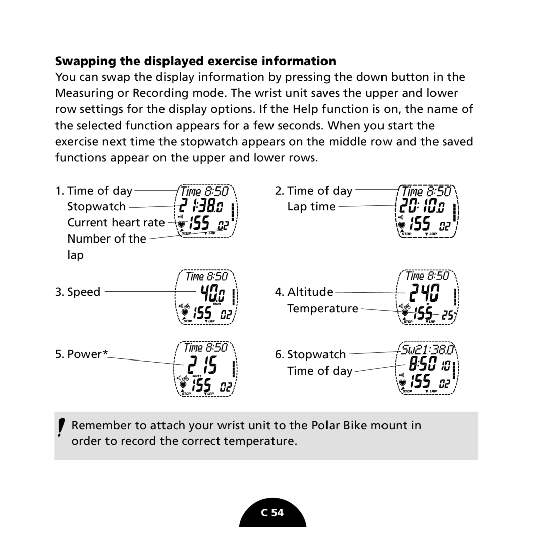 Polar S725 user manual Swapping the displayed exercise information 