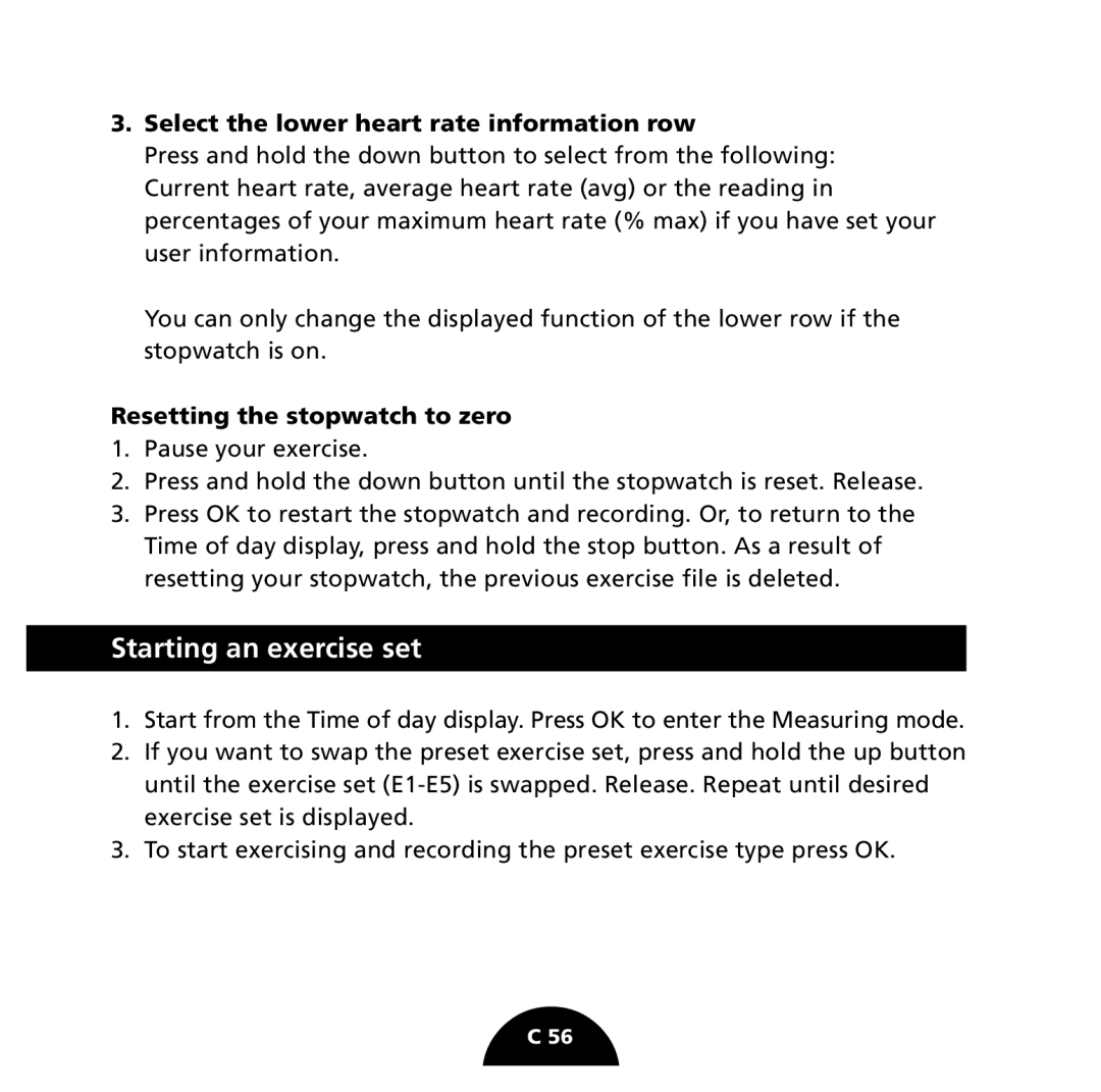 Polar S725 Starting an exercise set, Select the lower heart rate information row, Resetting the stopwatch to zero 