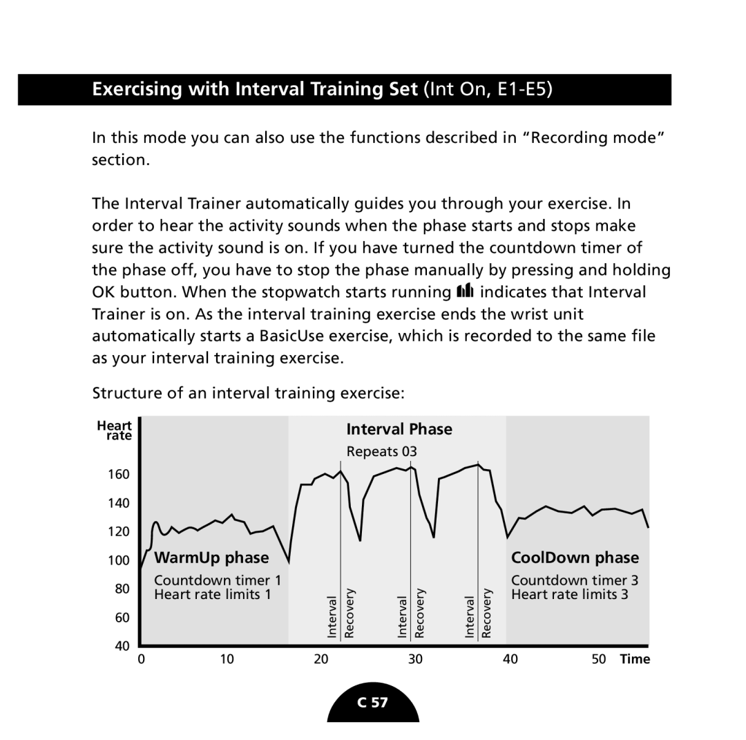 Polar S725 user manual Exercising with Interval Training Set Int On, E1-E5, Interval Phase, WarmUp phase 