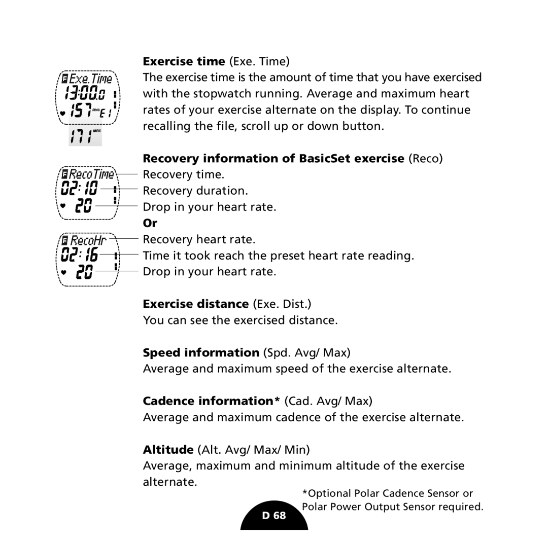 Polar S725 user manual Exercise time Exe. Time, Recovery information of BasicSet exercise Reco, Exercise distance Exe. Dist 