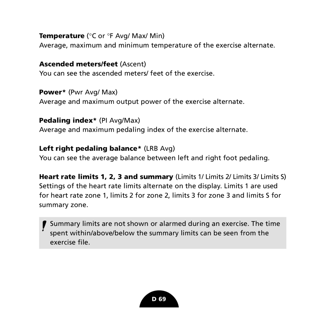 Polar S725 user manual Ascended meters/feet Ascent, Pedaling index* PI Avg/Max, Left right pedaling balance* LRB Avg 