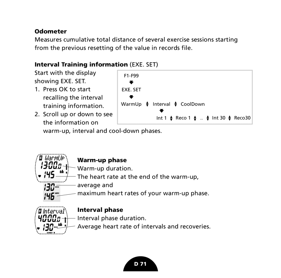 Polar S725 user manual Odometer, Interval Training information EXE. SET 