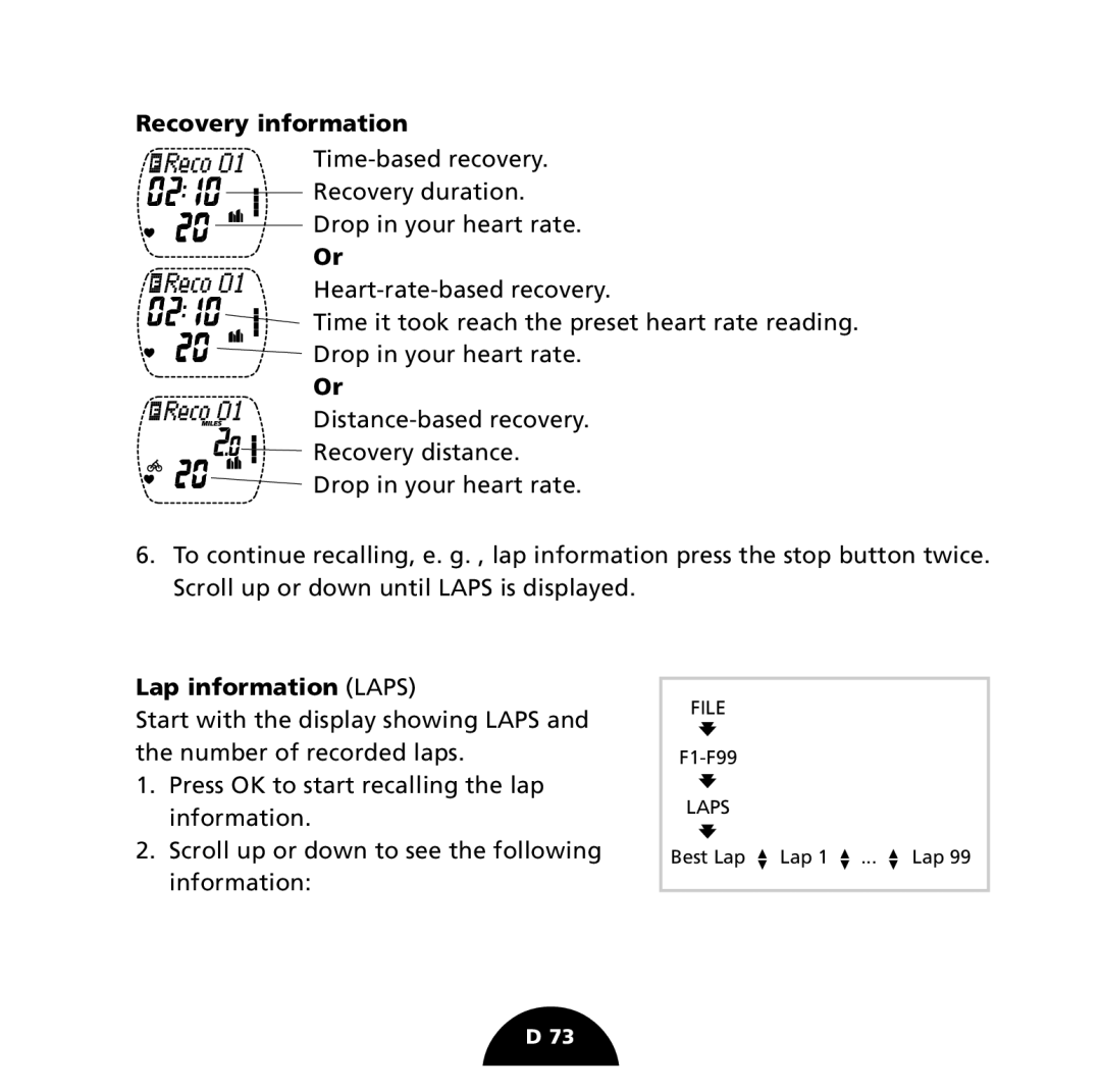 Polar S725 user manual Recovery information, Lap information Laps 