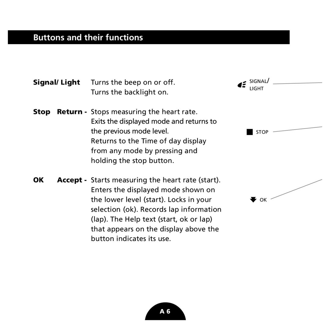 Polar S725 user manual Buttons and their functions, Stop 