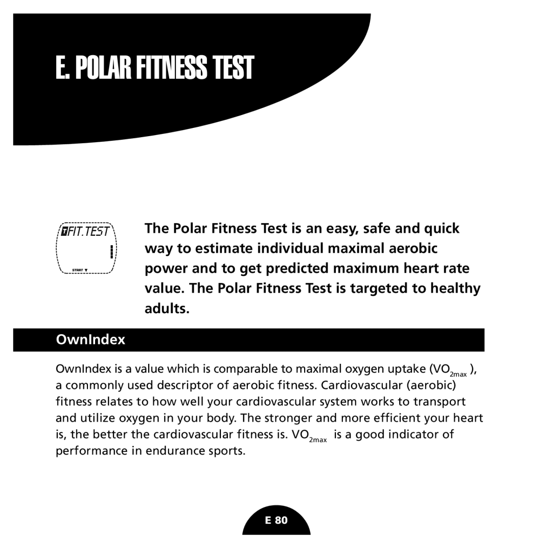 Polar S725 user manual Polar Fitness Test, OwnIndex 