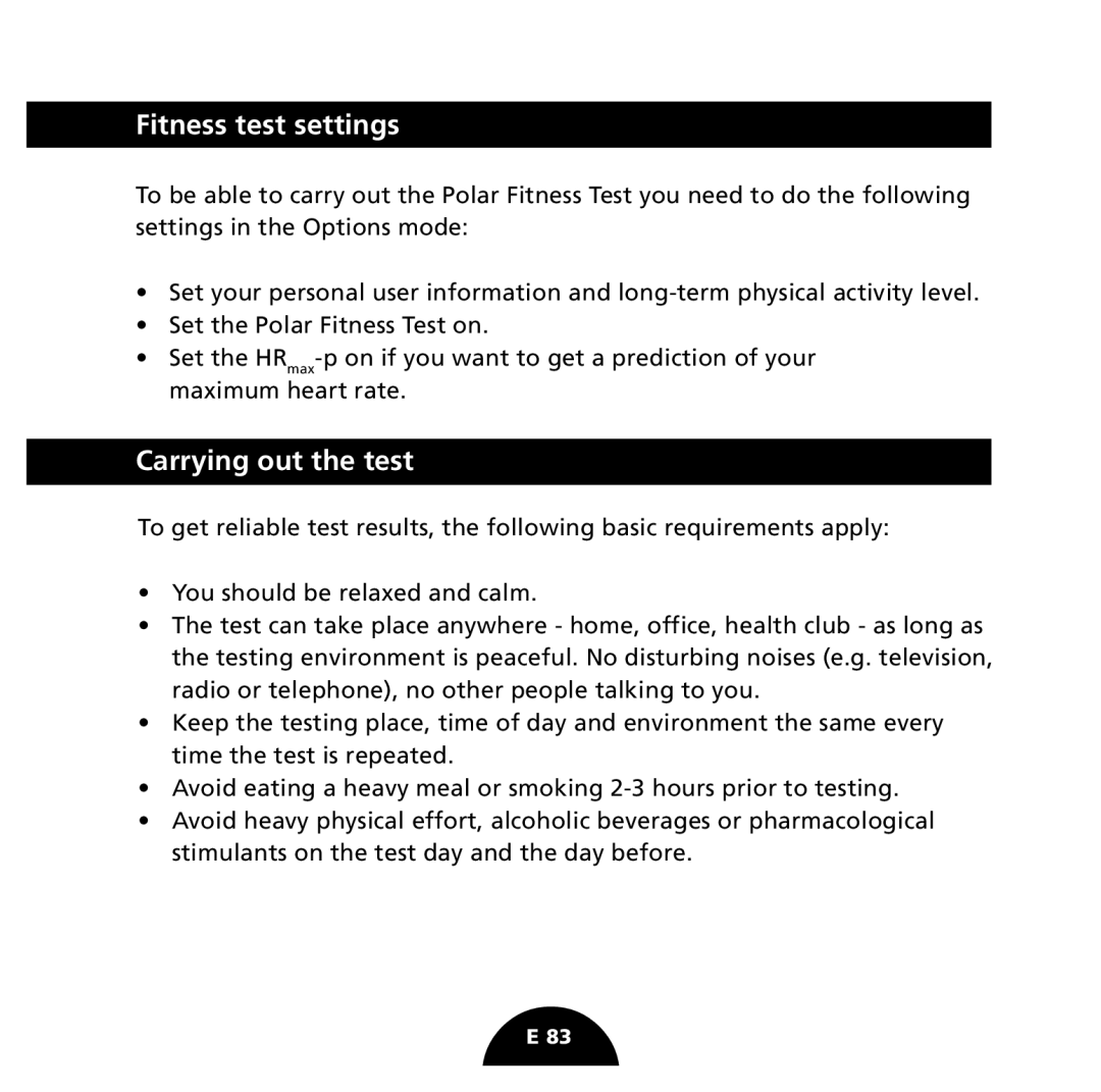 Polar S725 user manual Fitness test settings, Carrying out the test 