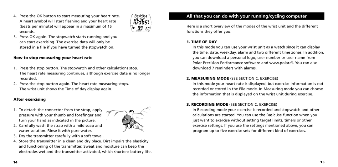 Polar S725X user manual All that you can do with your running/cycling computer, How to stop measuring your heart rate 