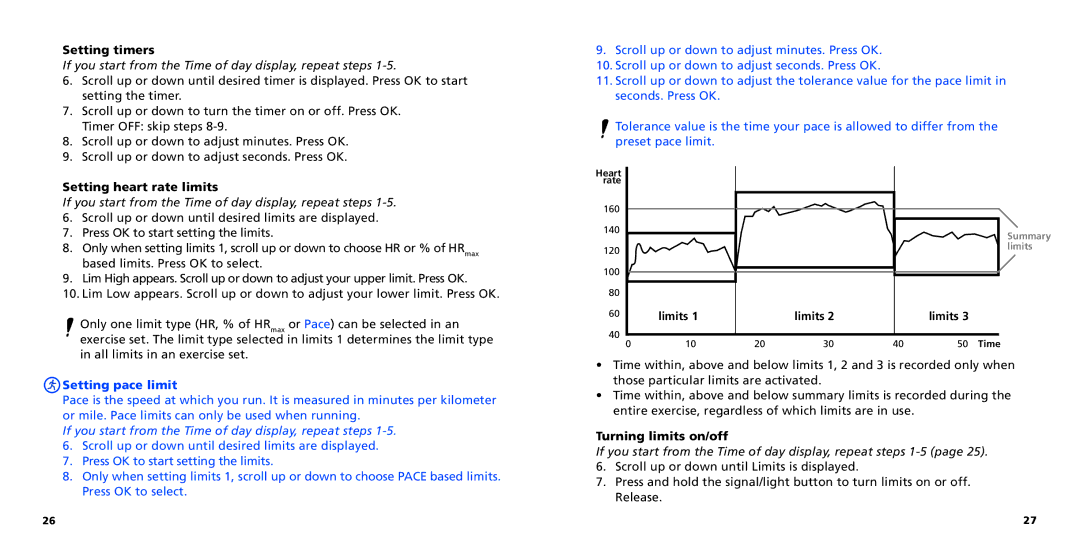 Polar S725X user manual Setting timers, Setting heart rate limits, Setting pace limit, Turning limits on/off 