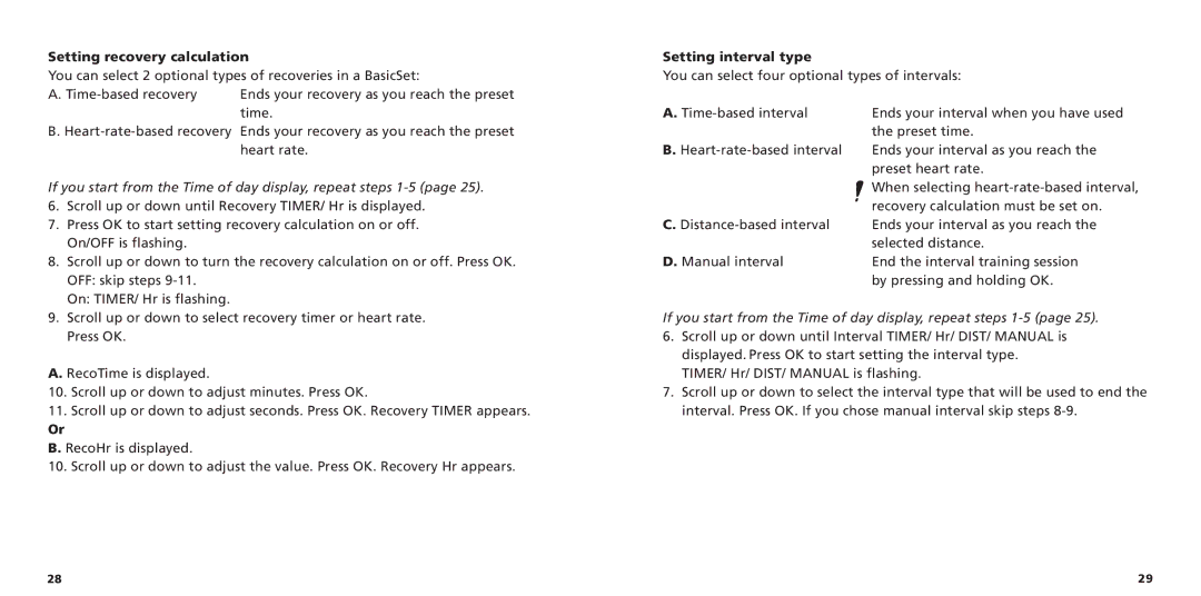 Polar S725X user manual Setting recovery calculation, Setting interval type 