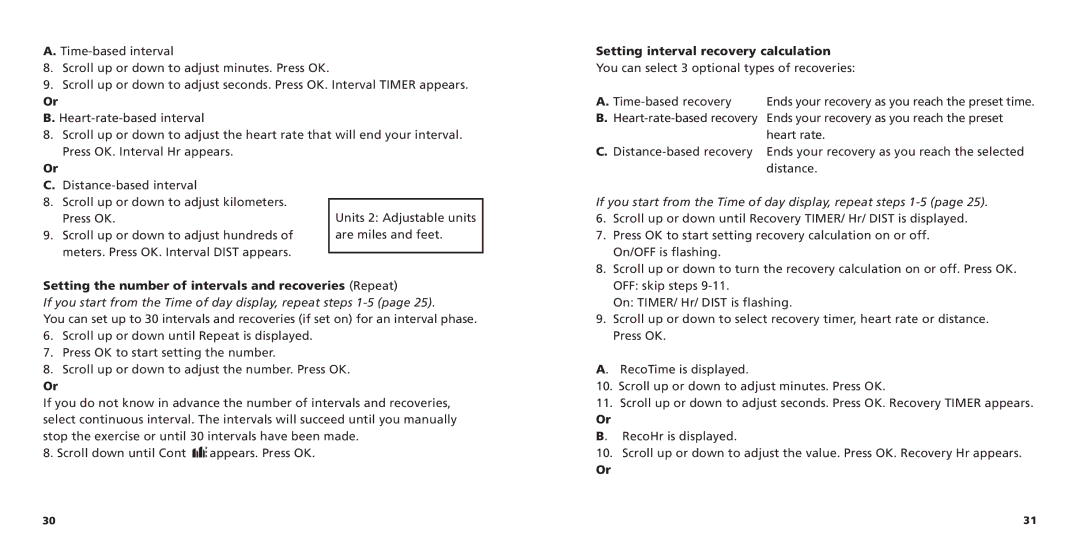 Polar S725X user manual Setting interval recovery calculation, Setting the number of intervals and recoveries Repeat 