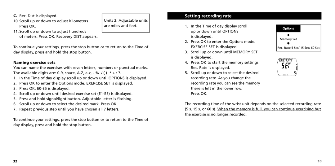 Polar S725X user manual Setting recording rate, Naming exercise sets 