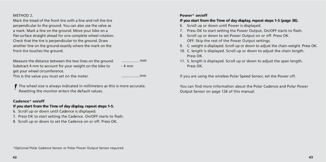 Polar S725X user manual Cadence* on/off, Power* on/off 