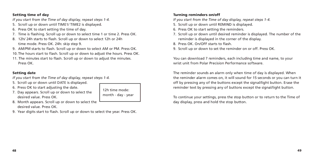 Polar S725X user manual Setting time of day, Setting date, Turning reminders on/off 