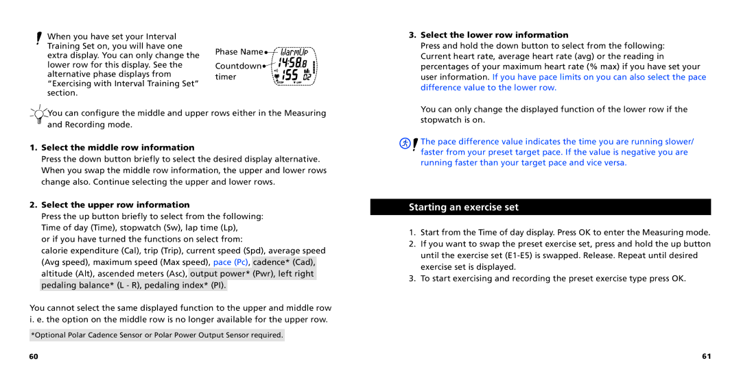 Polar S725X user manual Starting an exercise set, Select the lower row information, Select the middle row information 