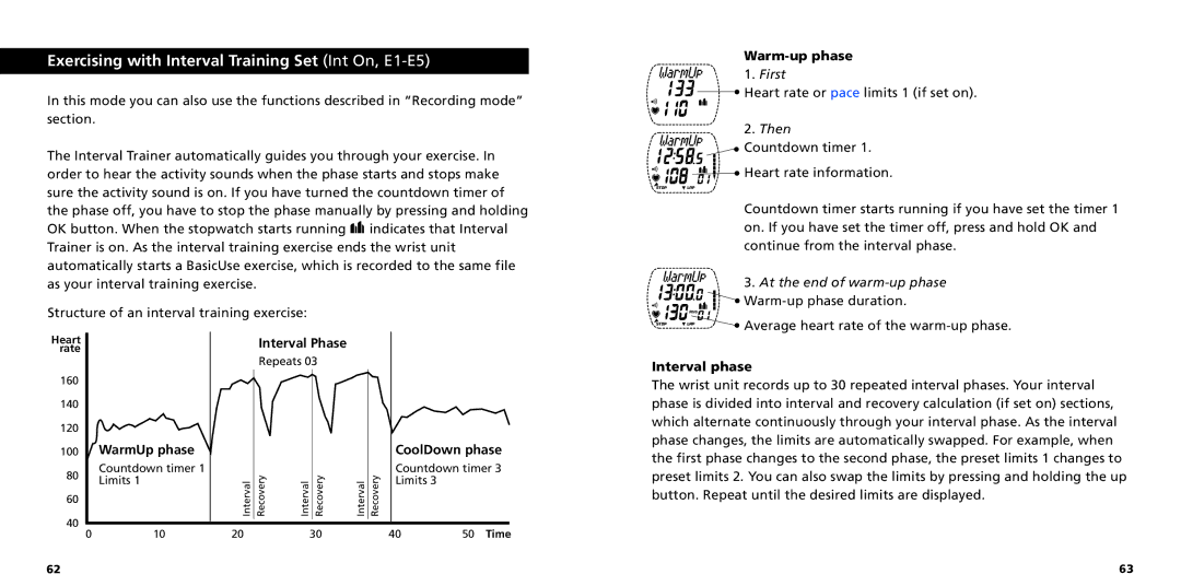 Polar S725X user manual Exercising with Interval Training Set Int On, E1-E5, Interval Phase, WarmUp phase CoolDown phase 