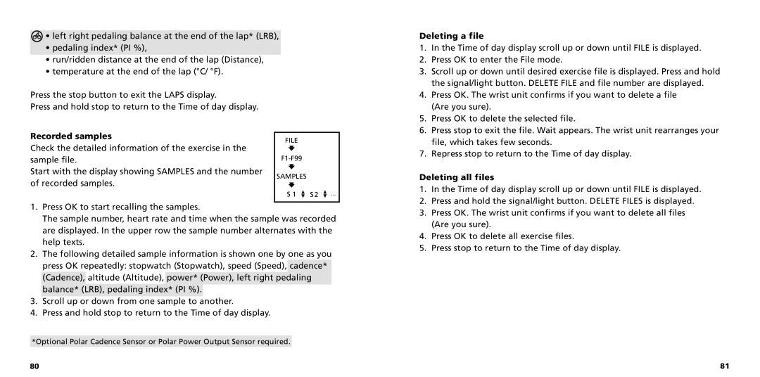 Polar S725X user manual Recorded samples, Deleting a file, Deleting all files 