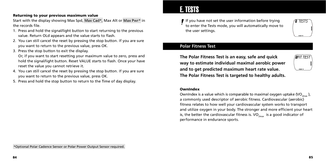 Polar S725X user manual Tests, Polar Fitness Test, Returning to your previous maximum value, OwnIndex 