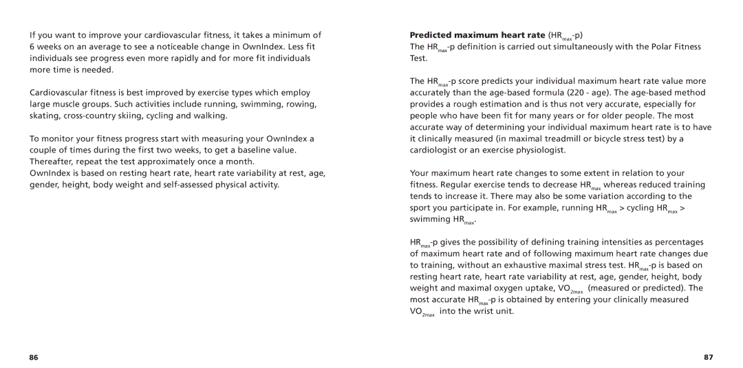 Polar S725X user manual Predicted maximum heart rate HRmax-p 