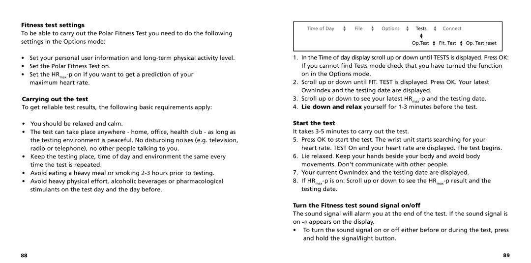 Polar S725X Fitness test settings, Carrying out the test, Start the test, Turn the Fitness test sound signal on/off 