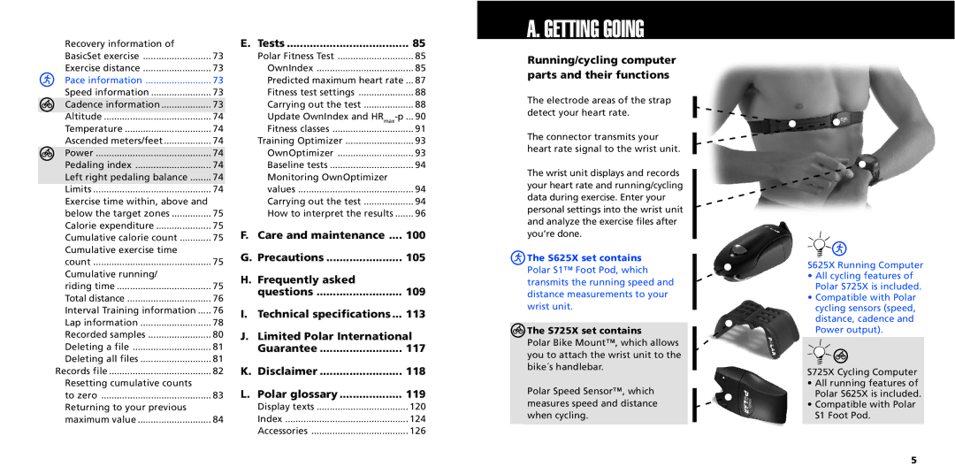 Polar S725X user manual Getting Going, Tests, Running/cycling computer parts and their functions 