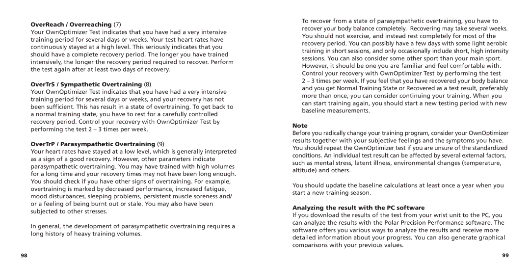 Polar S725X OverReach / Overreaching, OverTrS / Sympathetic Overtraining, OverTrP / Parasympathetic Overtraining 