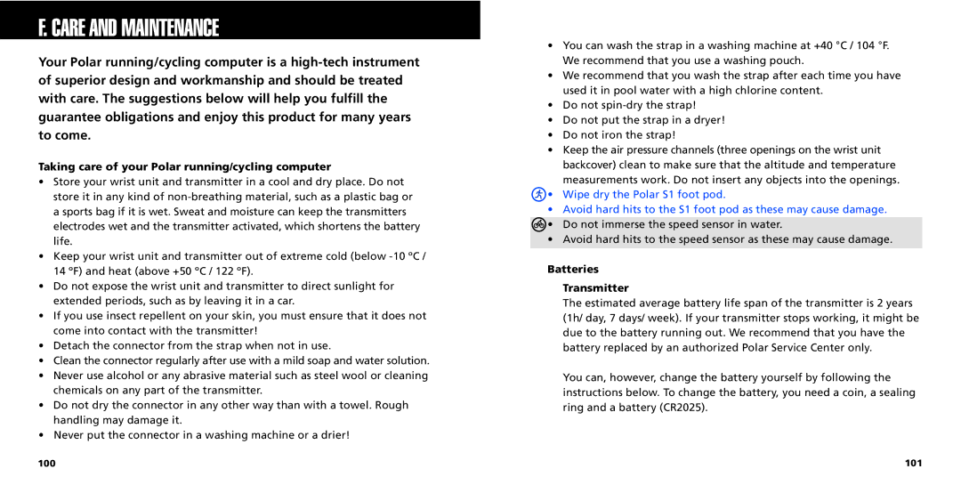 Polar S725X user manual Care and Maintenance, Taking care of your Polar running/cycling computer, Batteries Transmitter 
