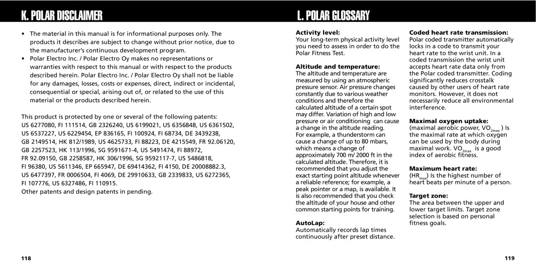 Polar S725X user manual Polar Disclaimer, Activity level, AutoLap, Maximum heart rate, Target zone 