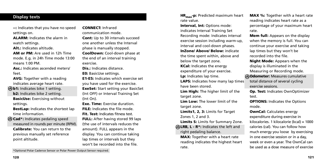 Polar S725X user manual Display texts, Connect Infrared, Interval, Int Options mode, InZone/ Above/ Below indicate 