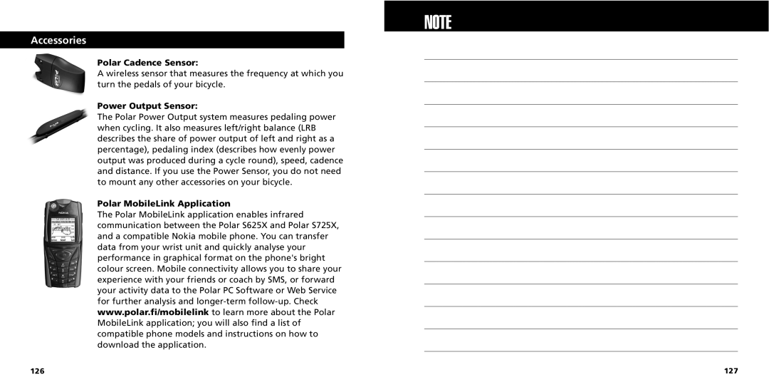 Polar S725X user manual Accessories, Polar Cadence Sensor, Power Output Sensor, Polar MobileLink Application 