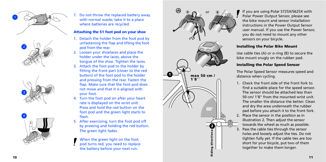 Polar S725X user manual Attaching the S1 foot pod on your shoe, Max 50 cm, ´8´´, Installing the Polar Bike Mount 