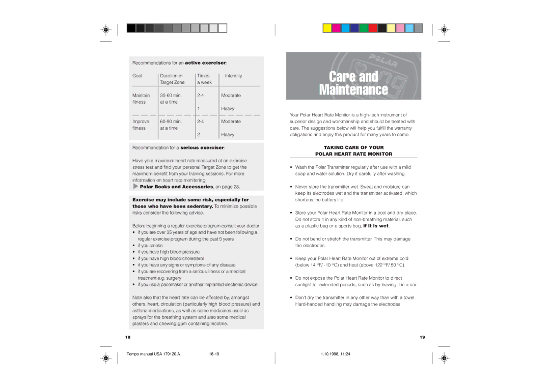 Polar TEMPO user manual Care Maintenance, Taking Care of Your Polar Heart Rate Monitor 