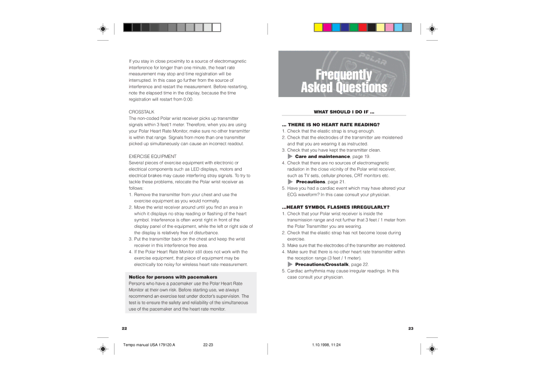 Polar TEMPO Frequently Asked Questions, Crosstalk, Exercise Equipment, What should I do if There is no Heart Rate READING? 