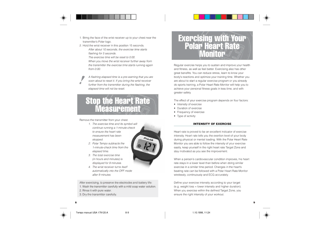 Polar TEMPO Stop the Heart Rate Measurement, Exercising with Your Polar Heart Rate Monitor, Intensity of Exercise 