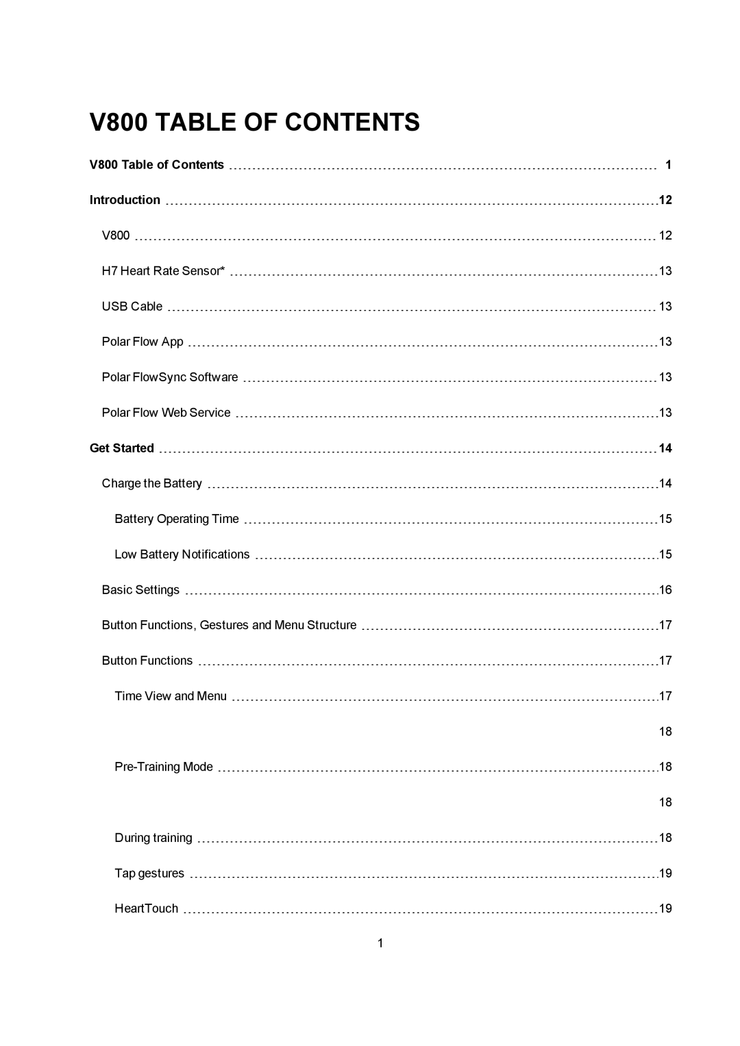 Polar manual V800 Table of Contents 