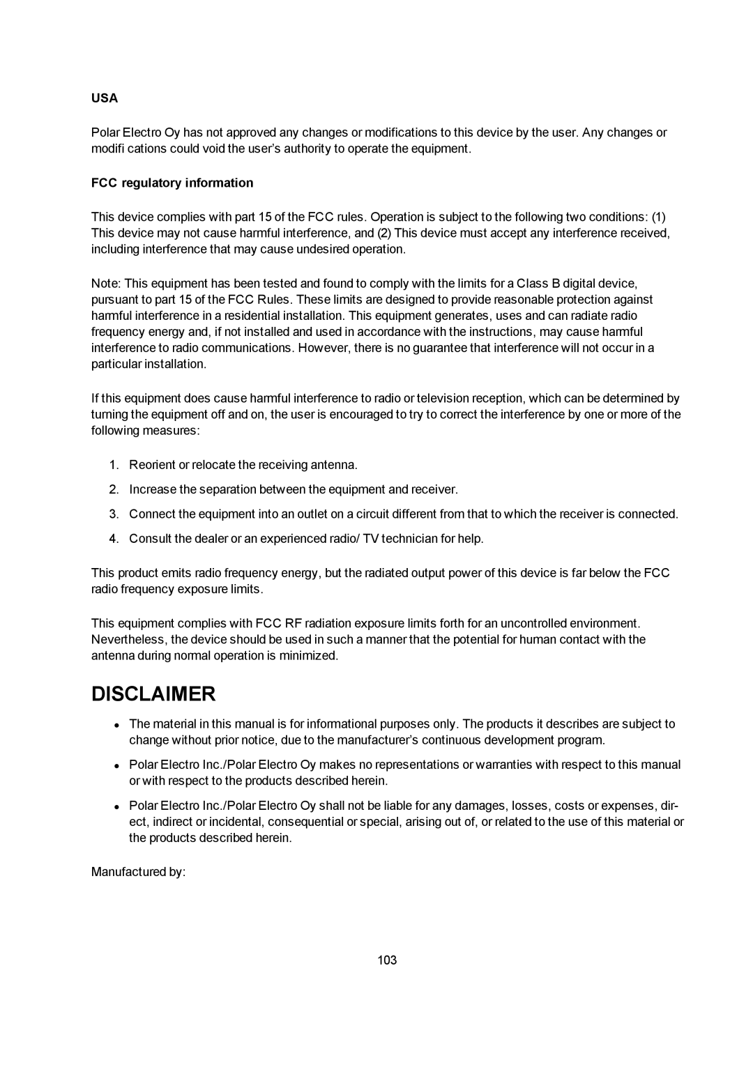 Polar V800 manual Disclaimer, Usa, FCC regulatory information 