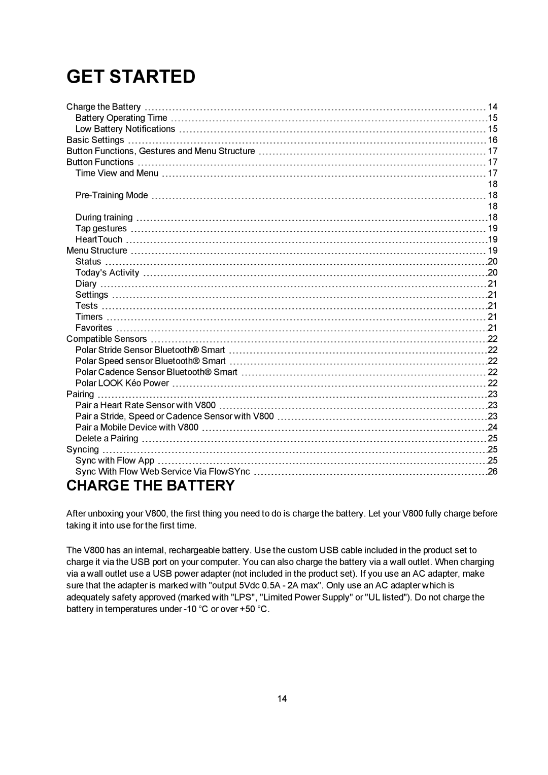 Polar V800 manual GET Started, Charge the Battery 