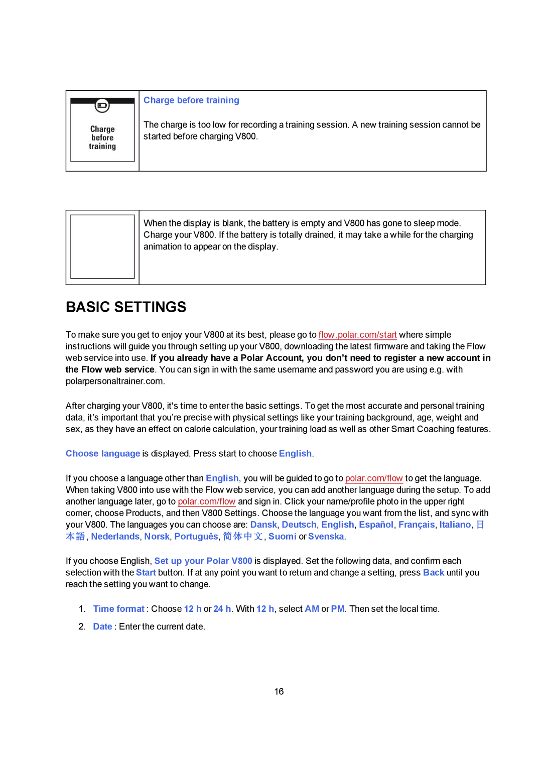 Polar V800 manual Basic Settings, Charge before training 