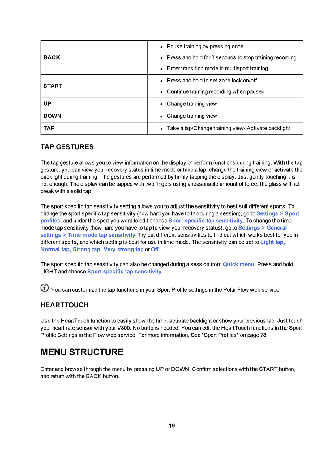 Polar V800 manual Menu Structure, TAP Gestures, Hearttouch 