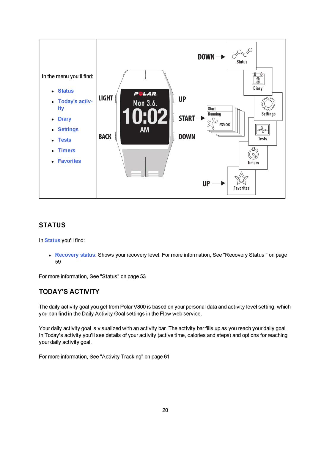 Polar V800 manual Status, Todays Activity 