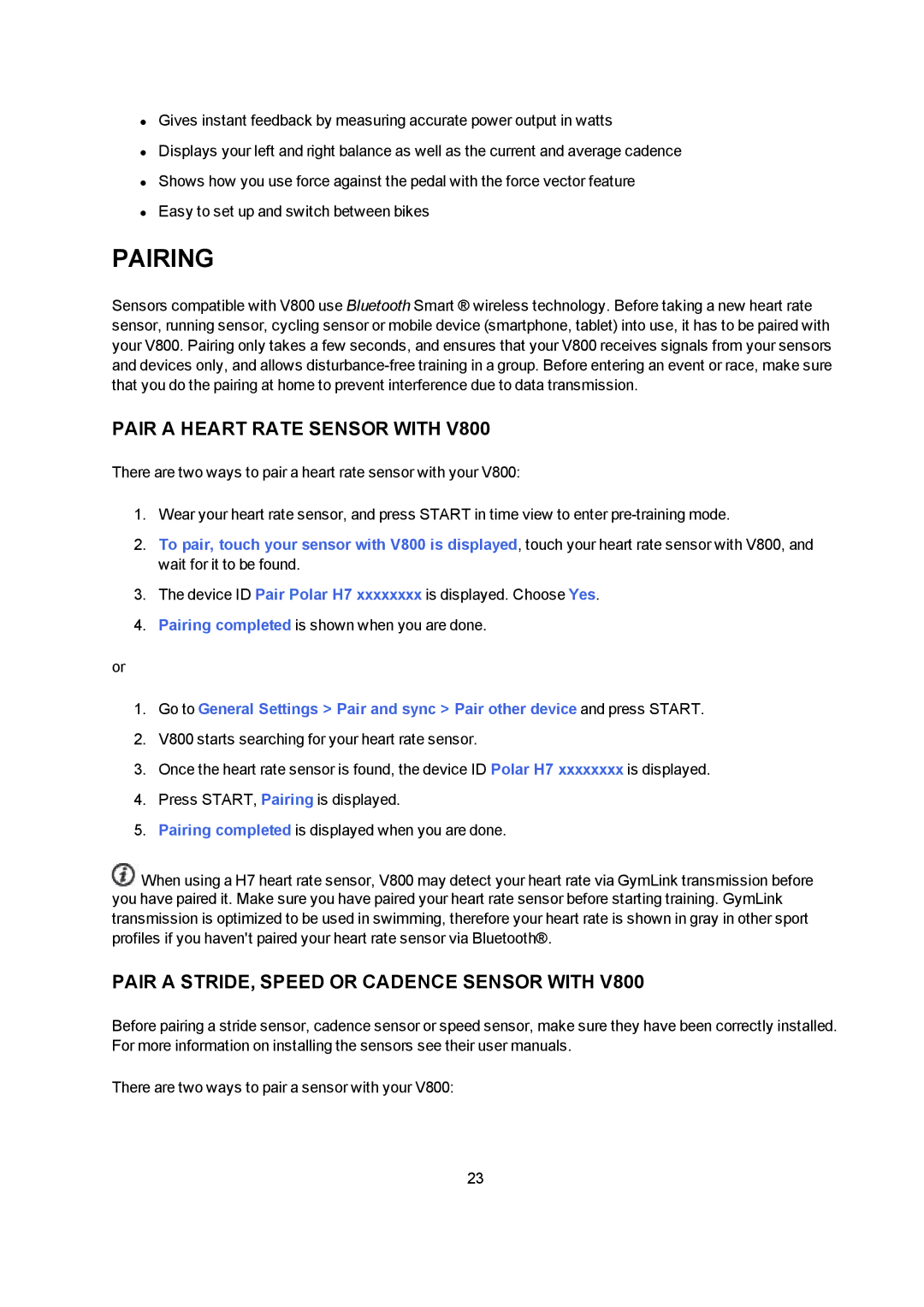 Polar V800 manual Pairing, Pair a Heart Rate Sensor with, Pair a STRIDE, Speed or Cadence Sensor with 