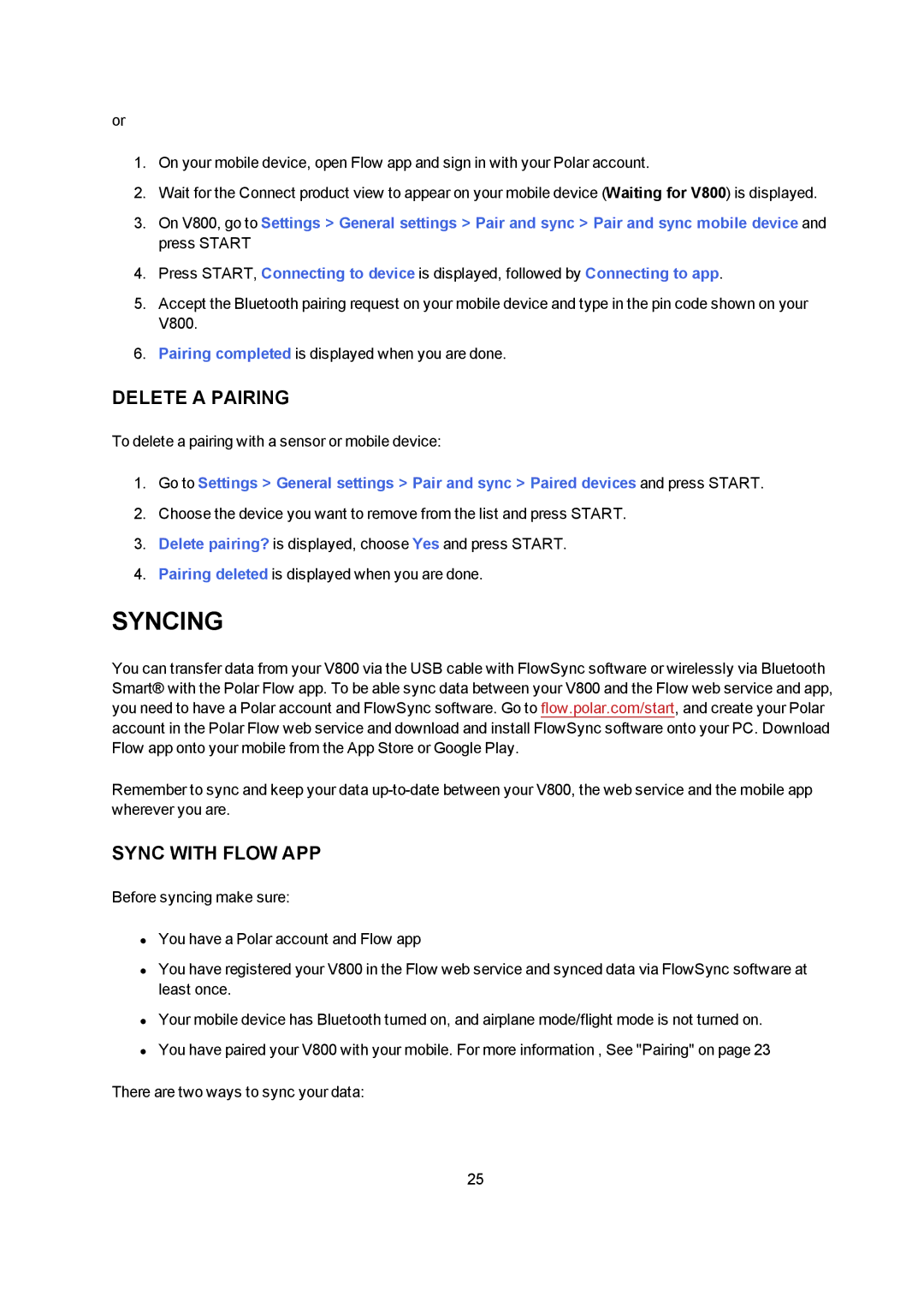 Polar V800 manual Syncing, Delete a Pairing, Sync with Flow APP 