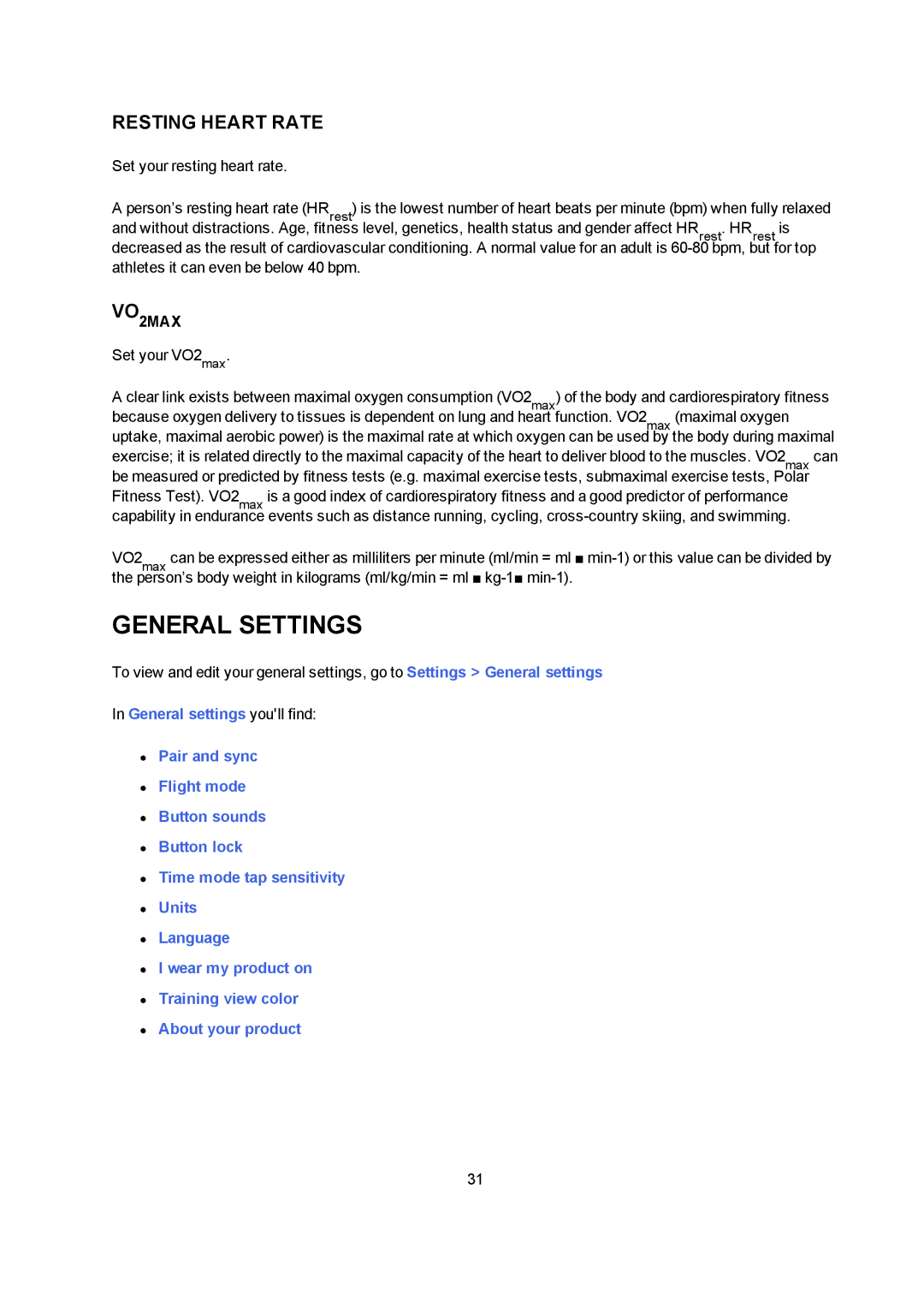 Polar V800 manual General Settings, Resting Heart Rate, VO2MAX 