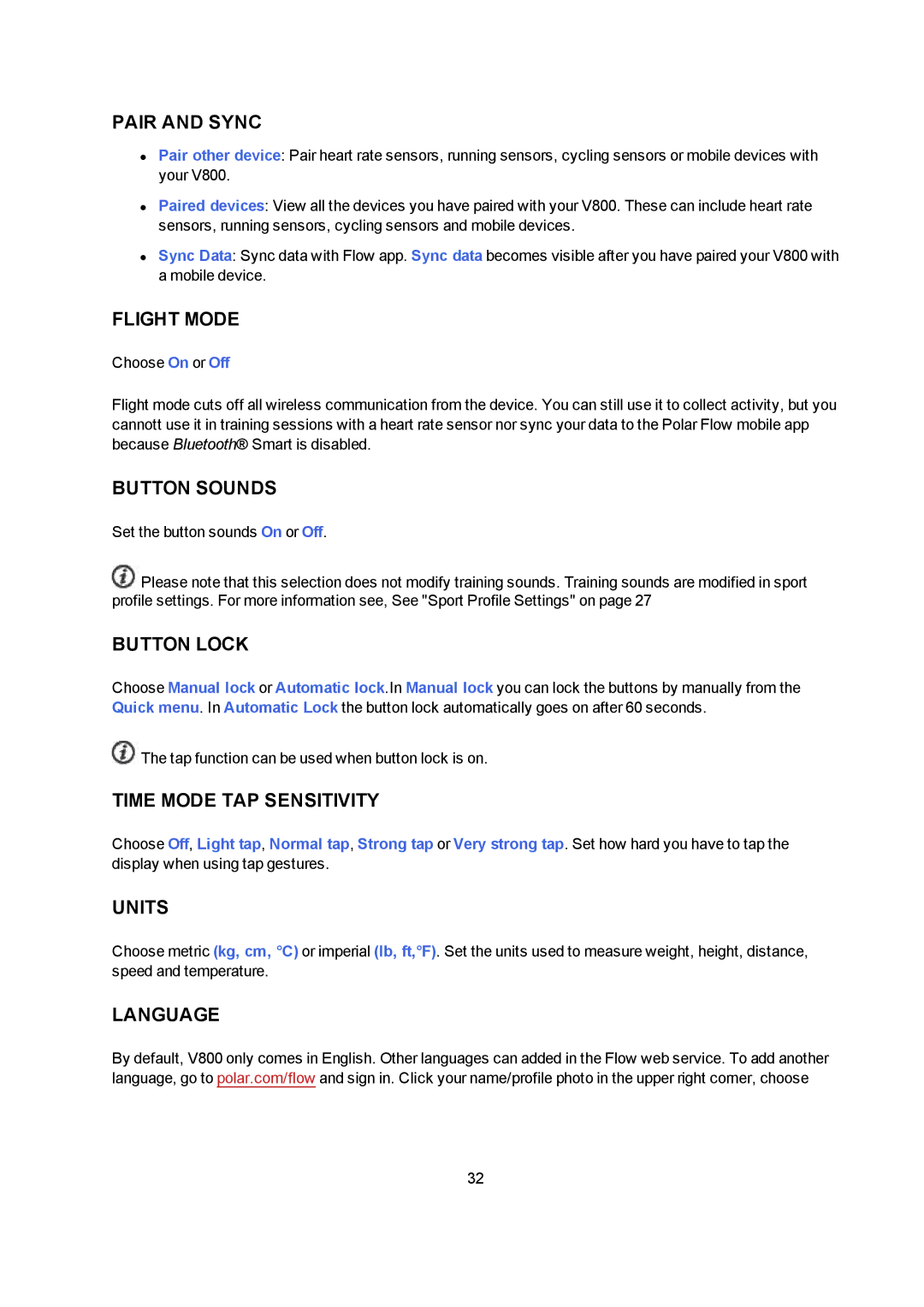 Polar V800 manual Pair and Sync, Flight Mode, Button Sounds, Button Lock, Time Mode TAP Sensitivity, Units, Language 