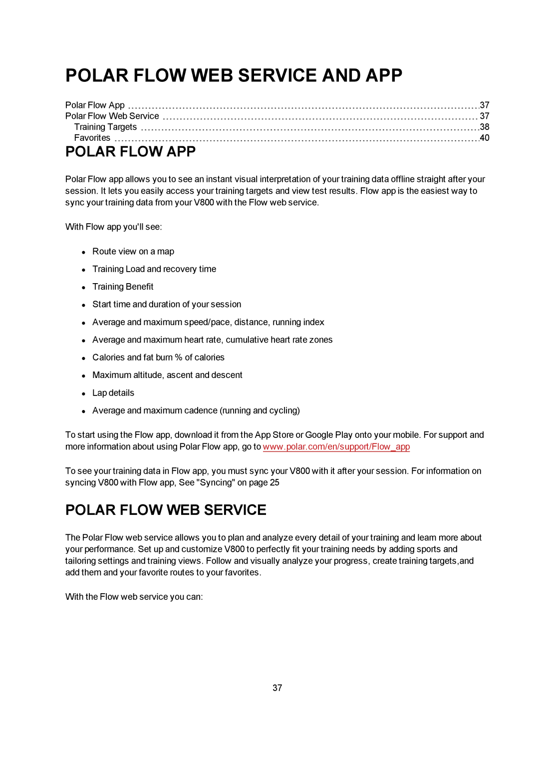 Polar V800 manual Polar Flow WEB Service and APP, Polar Flow APP 