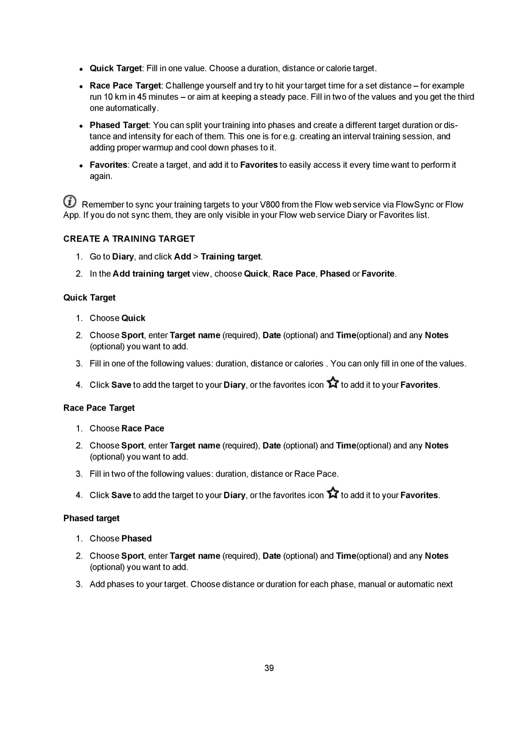 Polar V800 manual Create a Training Target, Race Pace Target Choose Race Pace, Phased target 