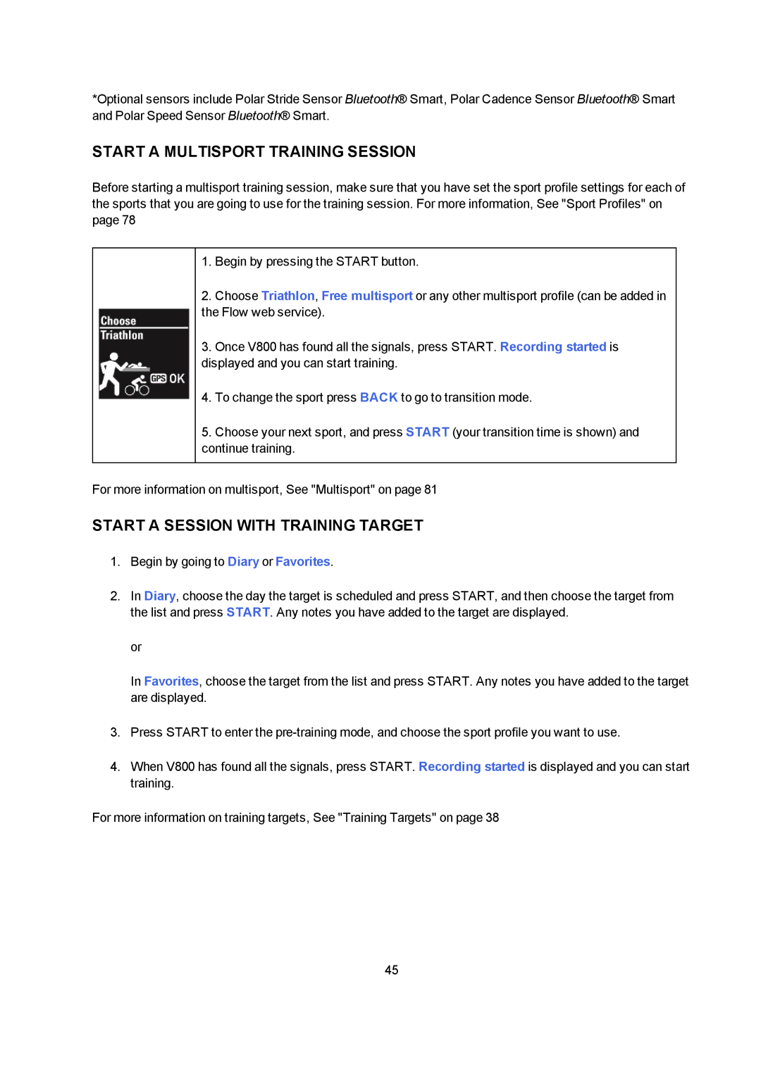 Polar V800 manual Start a Multisport Training Session, Start a Session with Training Target 