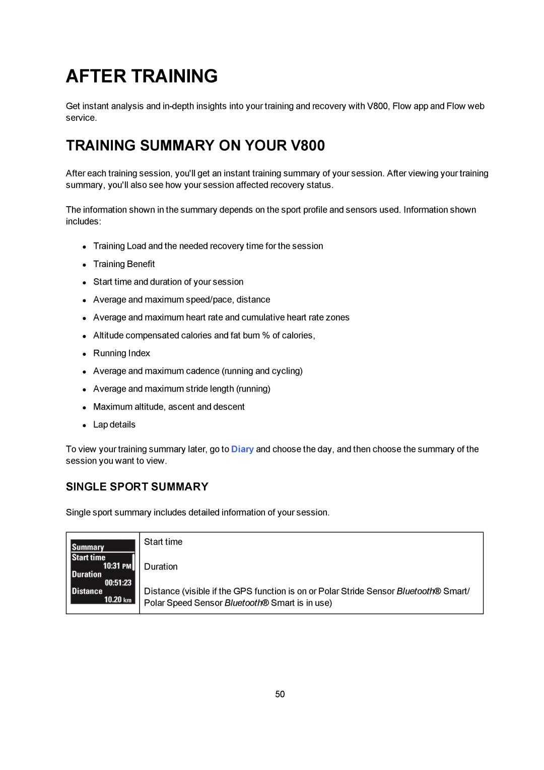 Polar V800 manual After Training, Training Summary on Your, Single Sport Summary 