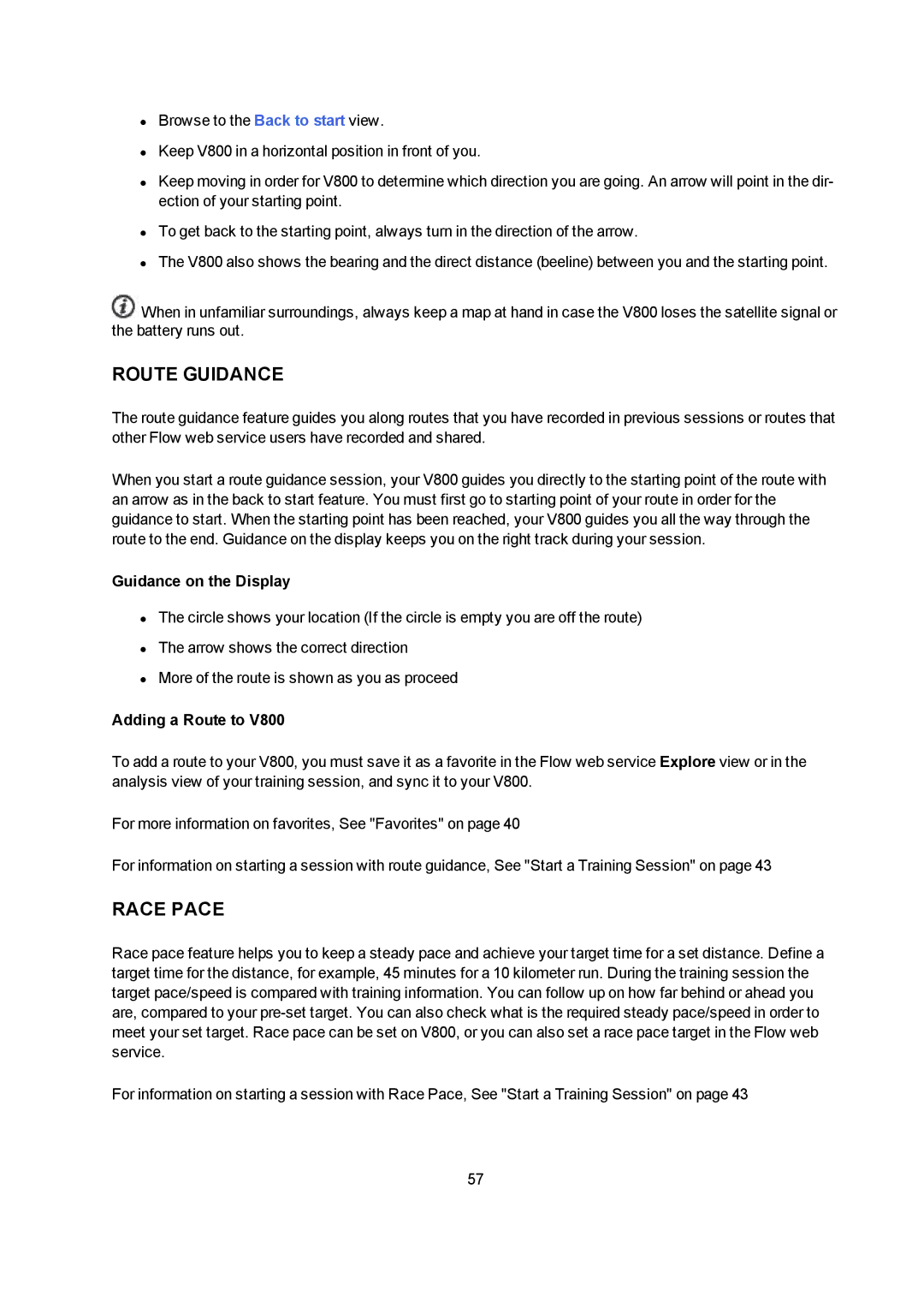 Polar V800 manual Route Guidance, Race Pace, Guidance on the Display, Adding a Route to 